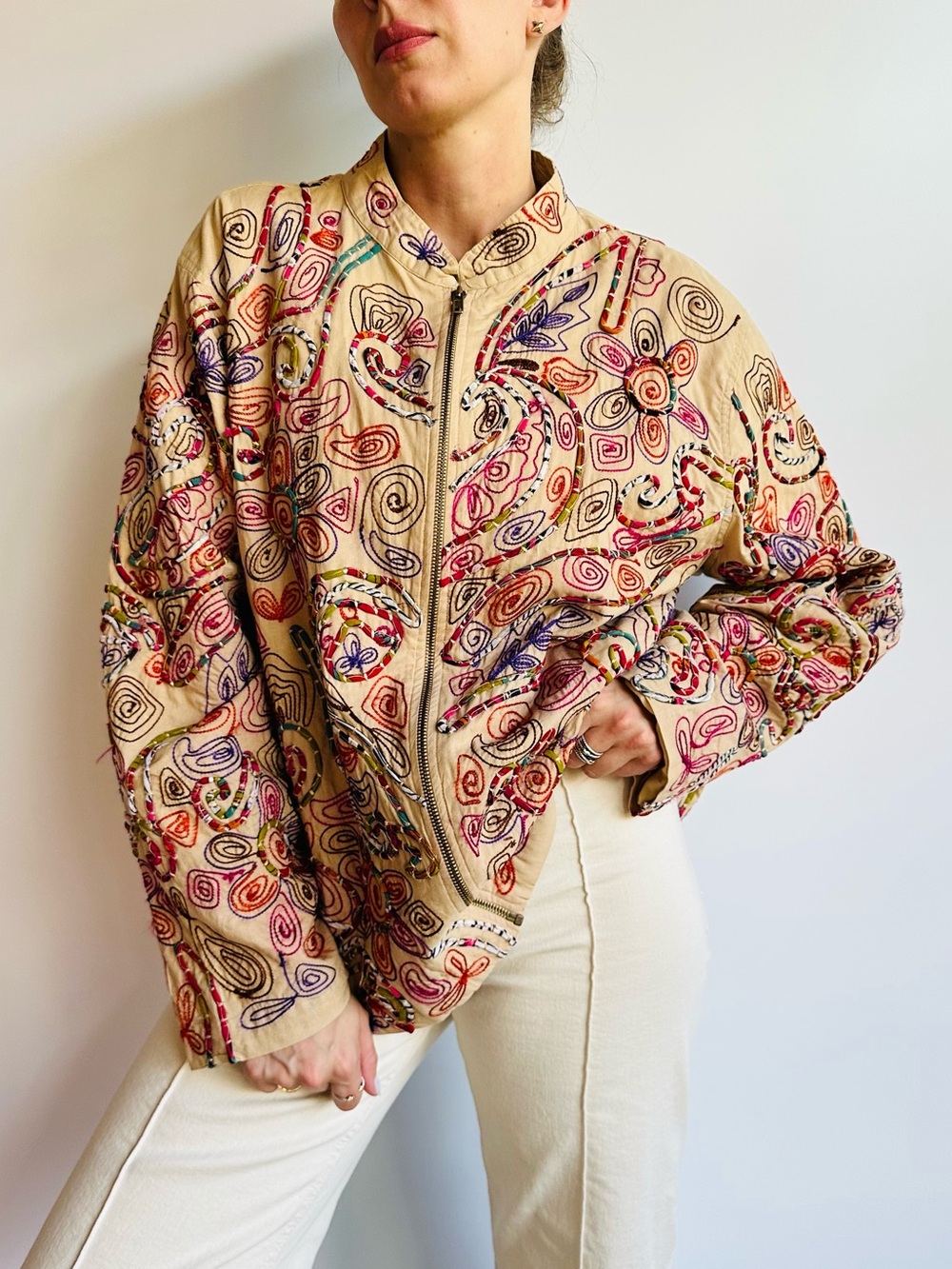 Vintage Life Style Embroidered Floral Abstract Boho 100% Cotton Zip Front Jacket